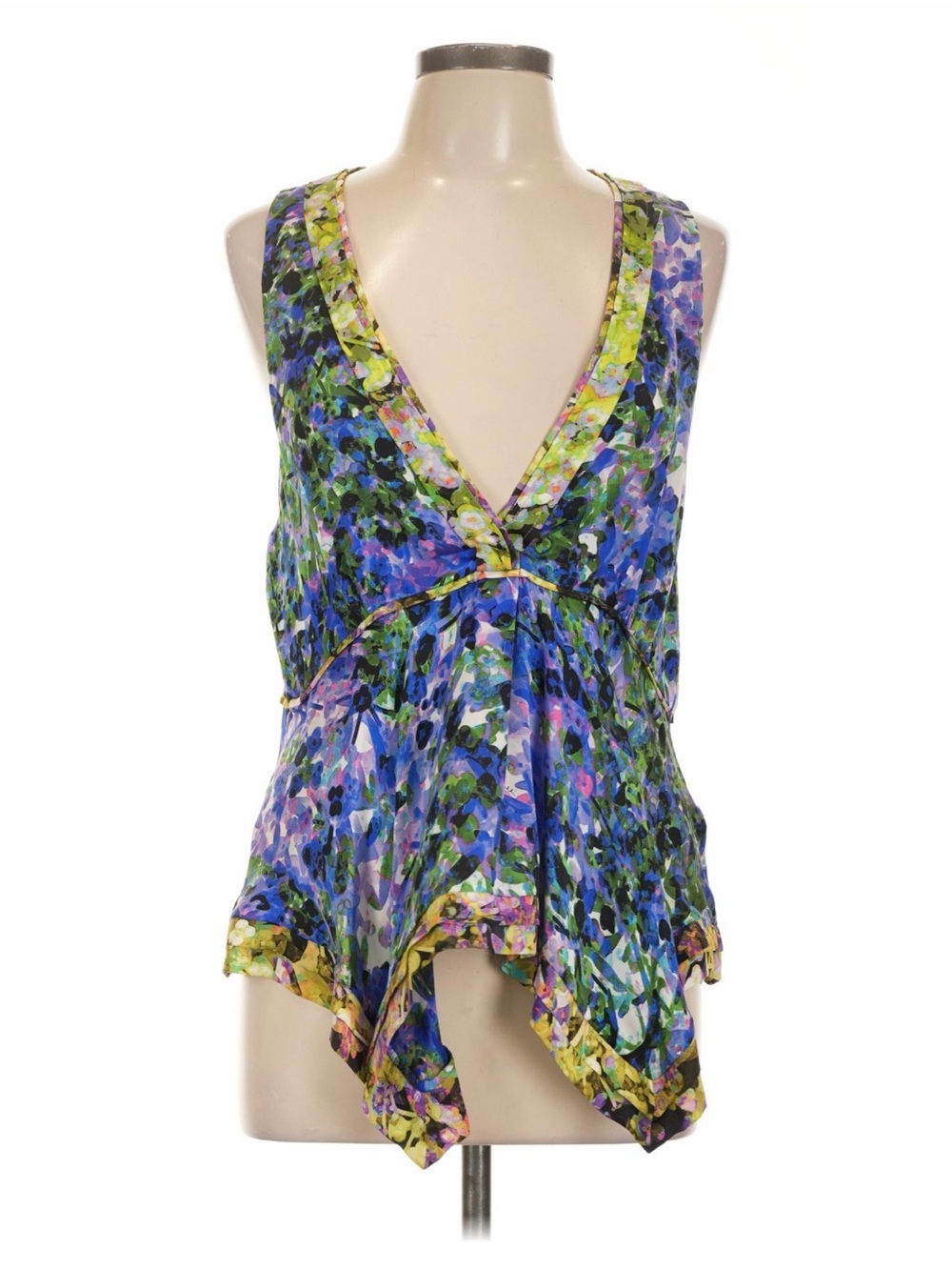 Roberto Cavalli Blue Green Floral V-Neck Handkerchief Hem Camisole